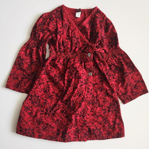 Tea Collection Red Floral Scroll Wrap Dress | Long Bell Sleeves | Girls Size 5 - Picture 3 of 7
